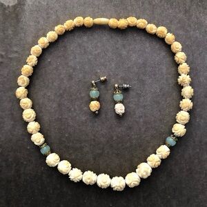 Vintage carved bone Cream and Blue Floral Necklace and Earring Set